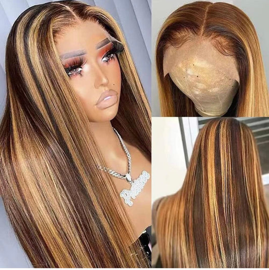 13x4 Lace Front Wigs Human Hair 4/27 Straight Honey Blonde Ombre Lace Front Wig Human Hair 180% Density HD Transparent Lace Frontal Wigs Pre Plucked