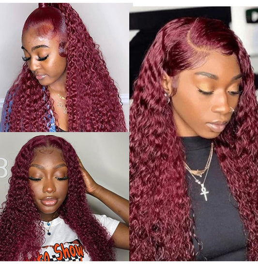 Burgundy Lace Front Wigs Human Hair 13X4 Water Wave Lace Front Wigs for Women Human Hair Glueless Red Colored Deep Curly Lace Front Wig Pre Plucked Bleached Knots 180% Density